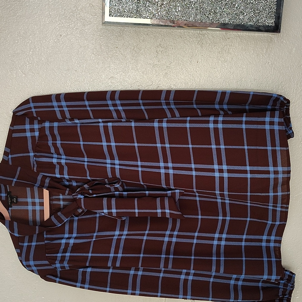 Ann Taylor Brown and Blue Checkered Blouse CAMPING, BRADY BUNCH, OVERBOARD COMFY